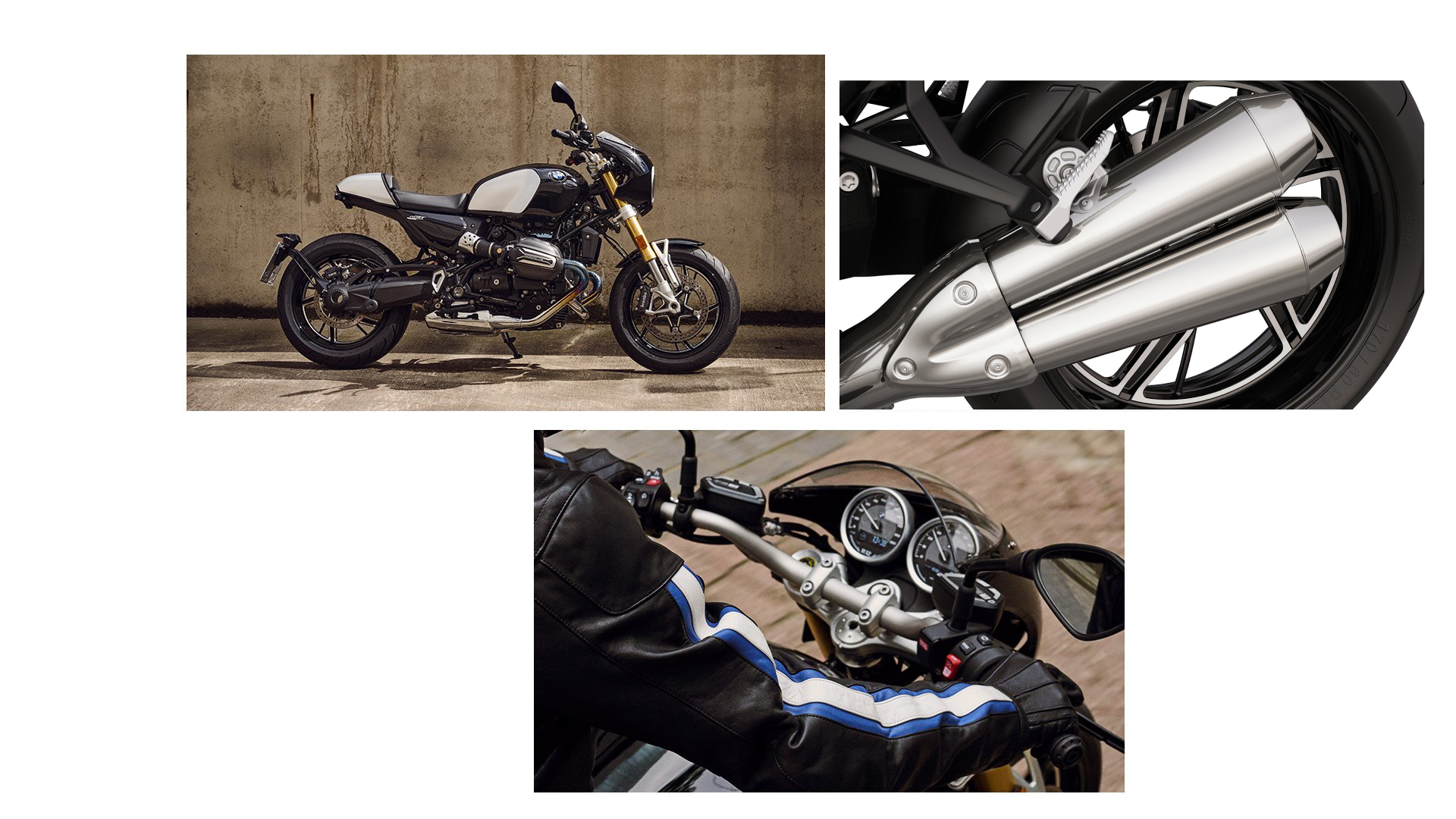 Collage of the design highlights of the stylish roadster R 12 nineT from BMW Motorrad